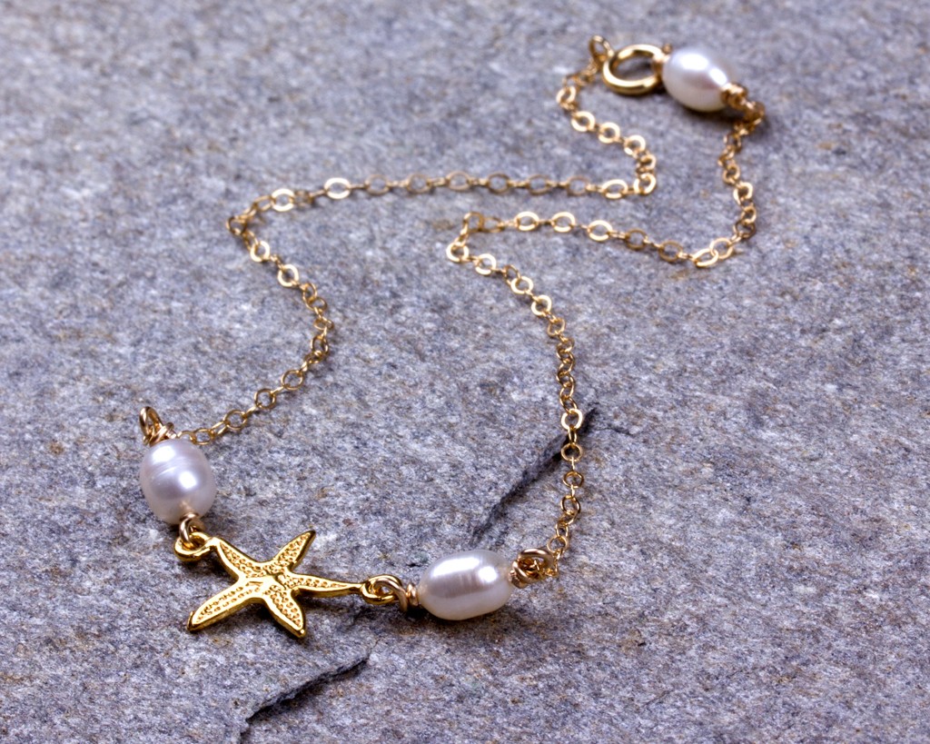 INSANEY Starfish Charm and Turquoise Pearl Bead Link Anklet