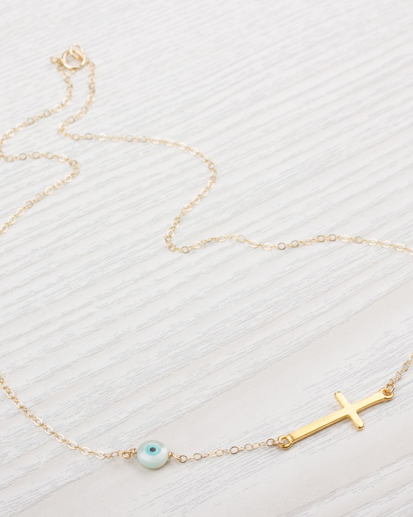 Cross Evil Eye Necklace • Sideways Cross Necklace