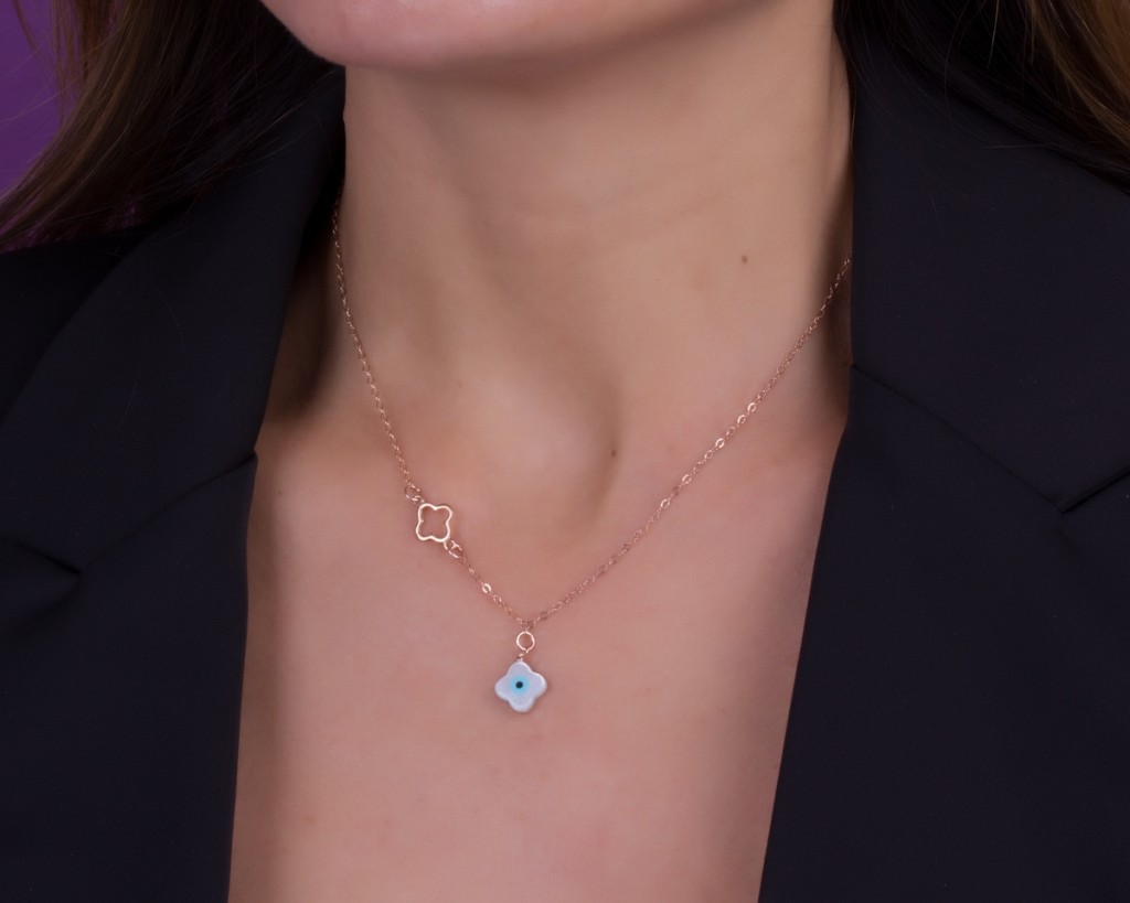 Rose Gold Clover Necklace • Evil Eye Pendant