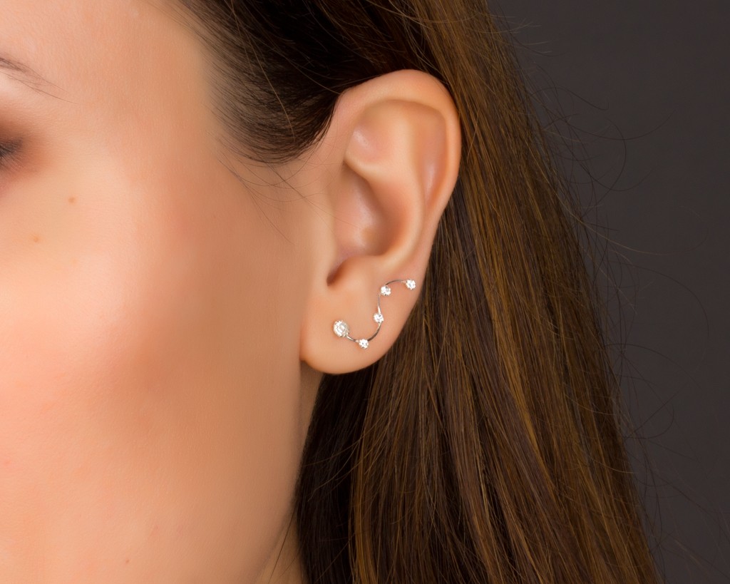 Orecchini Climber A Onda In Argento Sterling 925 – Ear Crawler A Foglia, Placcati Rodio, In Scatola Regalo