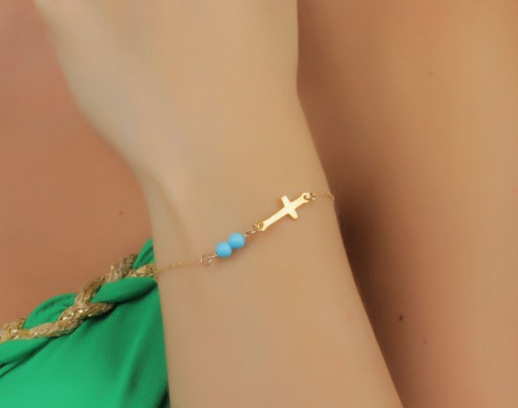 Gold Sideways cross bracelet, turquoise bracelet, gold and turquoise bracelet, turquoise bridesmaid jewelry, gold filled bracelet, "Palisi"