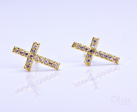 Gold cross stud earrings, cubic zirconia earrings, sterling silver cross earrings, tiny cross earrings, cross stud earrings, wedding, "Gyge"