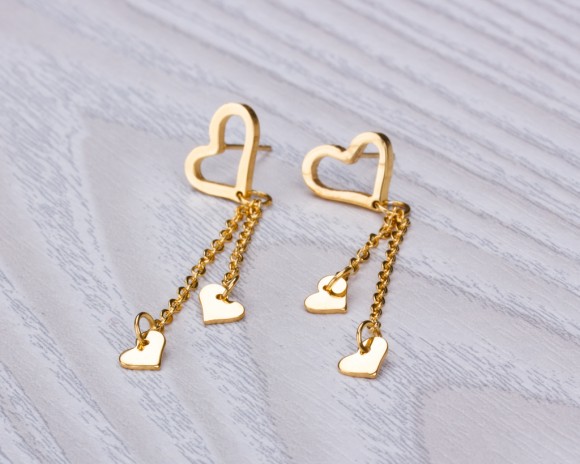 Heart earrings, gold heart earrings, gold dangle earrings, stainless steel, long post earrings, love earrings, drop earrings, "Hyades"