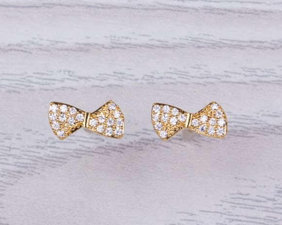 Bow stud earrings, bridesmaid earrings, cubic zirconia earrings, gold bow earrings, gold stud earrings, vermeil earrings, bridal, "Pronomus"