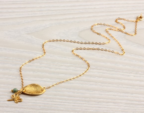 Gold Dragonfly Necklace, Gold Leaf Necklace / Dragonfly Necklace Charm, Sweet 16, Green Gemstone Necklace | "Dryads"