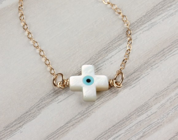 Evil Eye Cross Necklace, Sideways Cross Necklace / Mother Of Pearl Necklace, Evil Eye Necklace / Tiny Evil Eye | "Harpina"