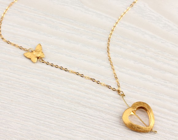 Heart Necklace, Gold Long Necklace / Butterfly Necklace, Bridesmaid Necklace / Charm Necklace | Herophile