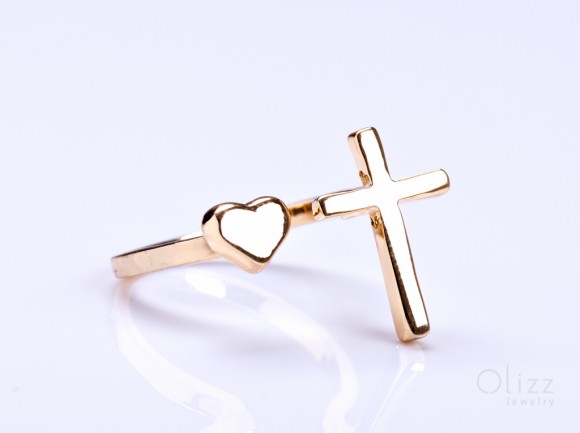 Gold cross ring, gold heart ring, Sideways Cross Ring, gold double ring, adjustable ring, infinity cross ring, stretch ring, "Telchines"