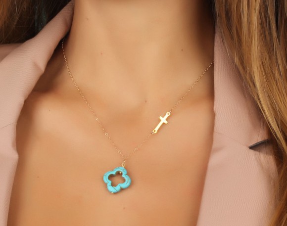 Sideways Cross Necklace, Turquoise Clover Necklace / Turquoise Clover, Gold Cross Necklace / Asymmetrical Necklace | "Admete"