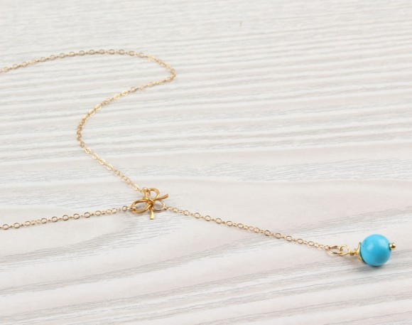 Gold Bow Necklace, Turquoise Necklace / Lariat Necklace, Turquoise Drop Pendant / Bridesmaid Necklace, Wire Wrapped Gold Necklace | "Deliades"