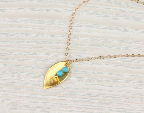 Gold Leaf Necklace, Turquoise Necklace / Gold Necklace, 14k Gold Filled / Tiny Necklace, Simple Necklace, Minimalist Jewelry | "Halia"