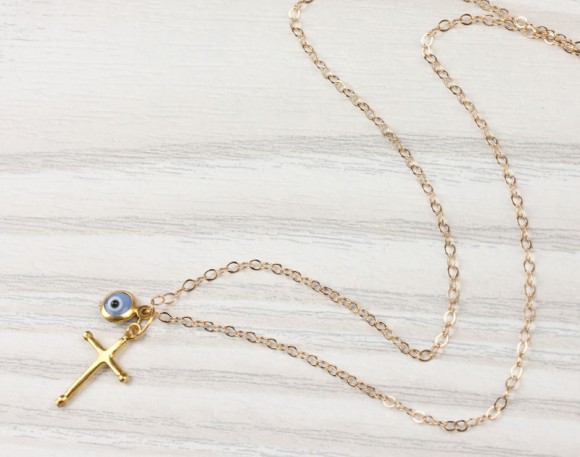 Evil Eye Necklace, Gold Cross Necklace / Cross Pendant, Blue Evil Eye Necklace / Evil Eye Jewelry, Protection Necklace | "Nemea"