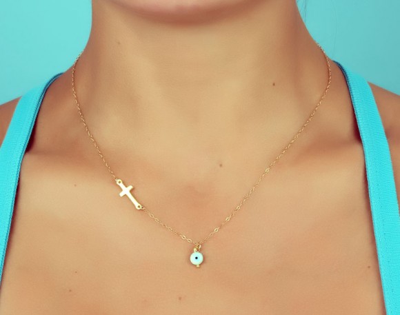 Evil Eye Necklace, Protection Necklace / Sideways Cross Necklace, Gold Filled Necklace / Faith Necklace | "Stilbe"