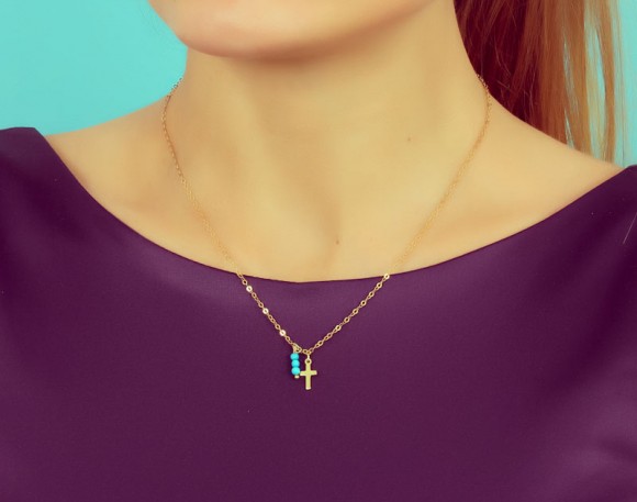 Tiny Cross Necklace, Turquoise Necklace / Gold Cross, Mother Gift / 14k Gold Filled, Protection Necklace | "Tiny Cross" Necklace