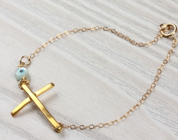 Evil eye bracelet, Sideways cross bracelet, gold filled bracelet, protection bracelet, gold cross bracelet, faith bracelet, "Syrinx"