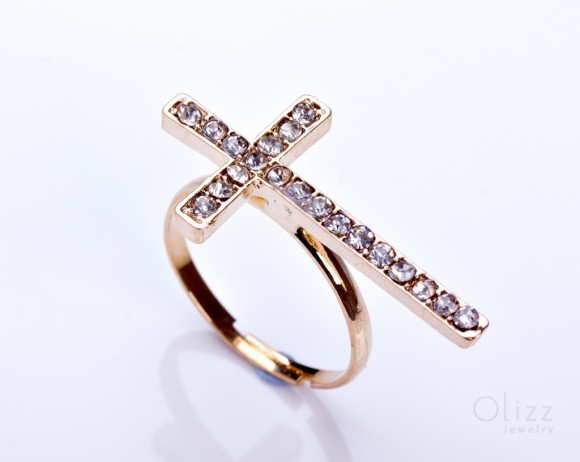 Gold Sideways cross ring, gold cross ring, large crystal cross, jewelry ring, anniversary ring, statement ring, religious ring, "Simoeis"