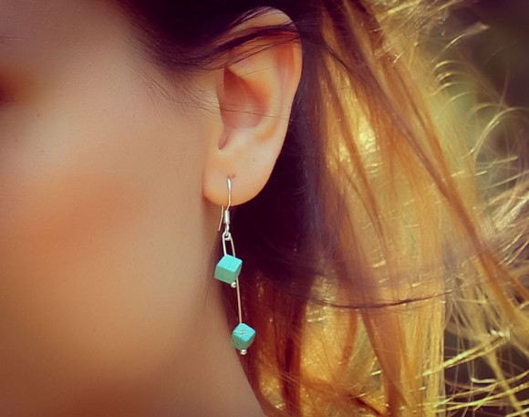 Silver turquoise long earrings, turquoise dangle earrings, LONG earrings, bridesmaid gift, everyday earrings, square bead,"Amphitrite"
