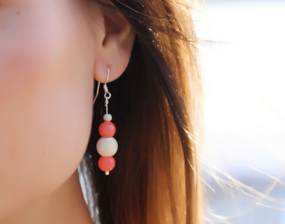 Coral pink earrings, pearl earrings, sterling silver earrings, stardust earrings, dangle earrings, bridesmaid earrings, "Hera"
