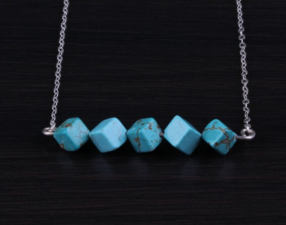 Turquoise Beaded Necklace, Square Bead Necklace / Silver Turquoise Necklace, Bridal Necklace / Turquoise Stone Necklace | "Amphitrite"