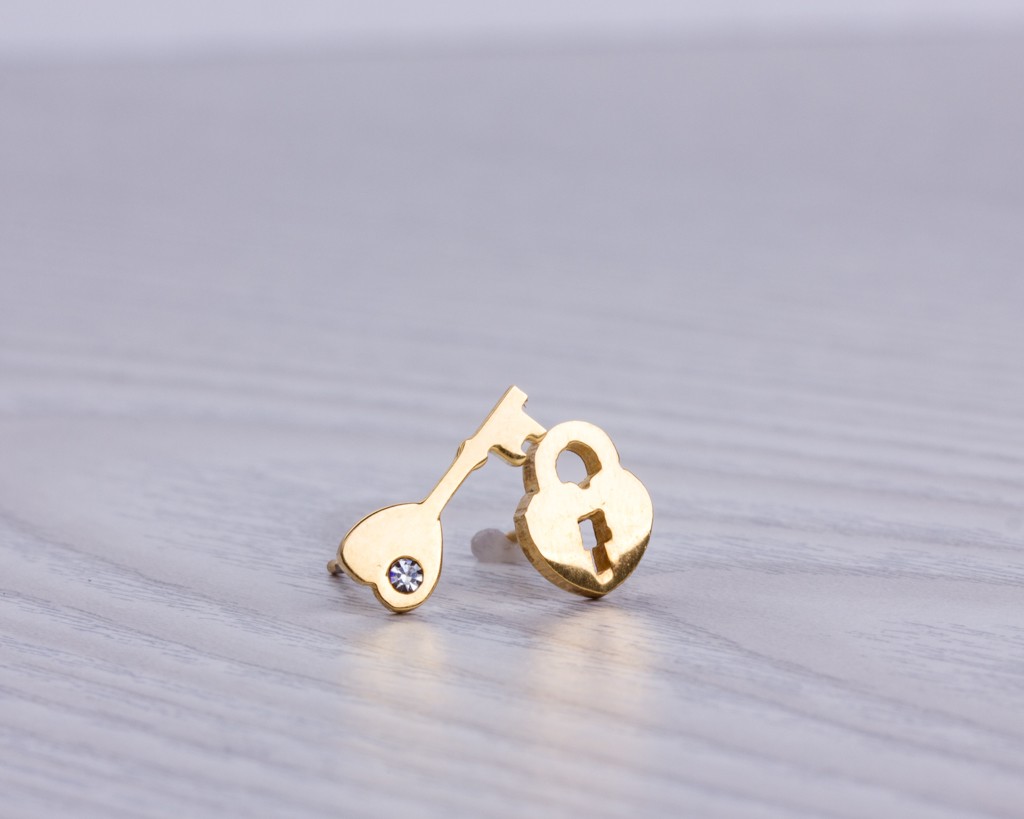 Small Gold Earrings Post Nonacris Tiny Stud Earrings Key Locket Gold
