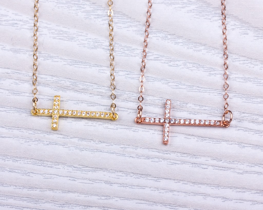 14k Rose Gold Large Sideways Curved Cross Necklace - Diamonds by Monet