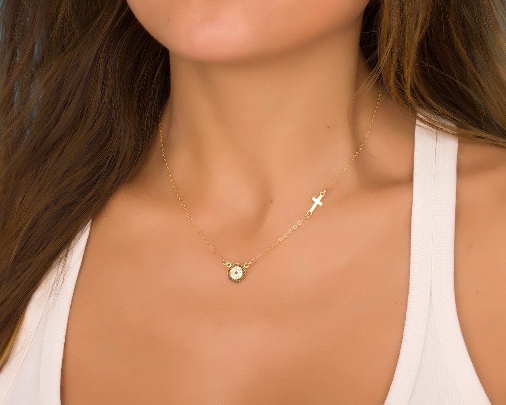 14k Solid Gold Sideways Cross Necklace | Mini Cross Charm Necklace Jewelry  for Women – Gelin Diamond