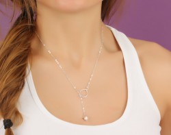 Lariat Necklace / Silver Pearl Necklace | Eleus