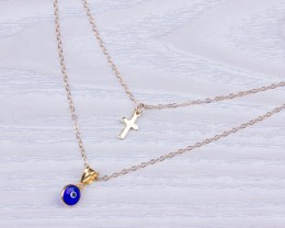 Double Strand Necklace, Evil Eye Cross Necklace / Layered Necklace, Blue Evil Eye Necklace / Tiny Gold Cross Necklace | "Hygeia"